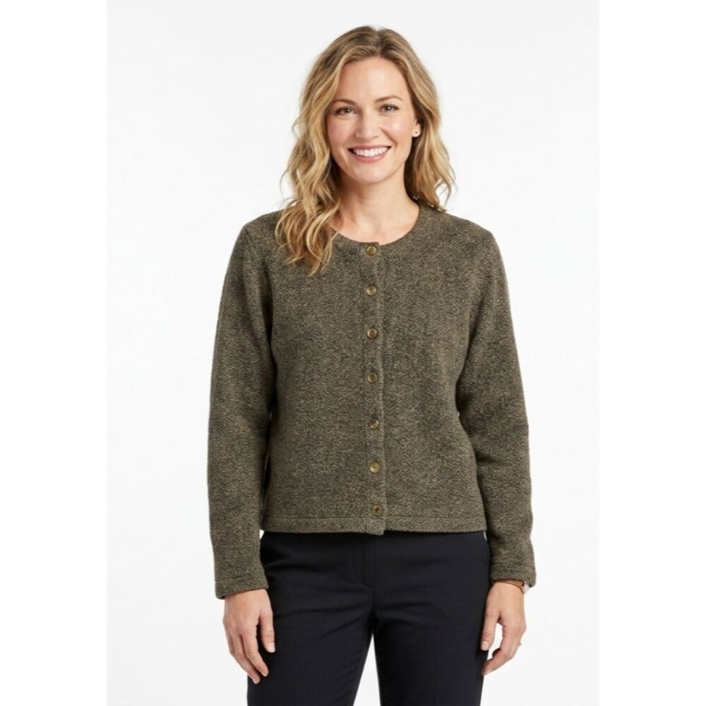 LL Bean Womens XL Olive Brown Tweed Knit Button Cardigan Sweater Jacket OJX65